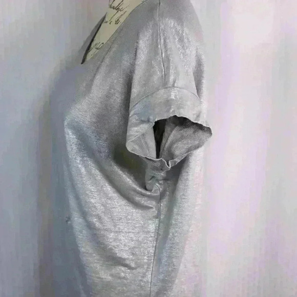 Eileen Fisher Size S 100% Linen silver metallic short sleeve jersey knit top - Picture 7 of 13